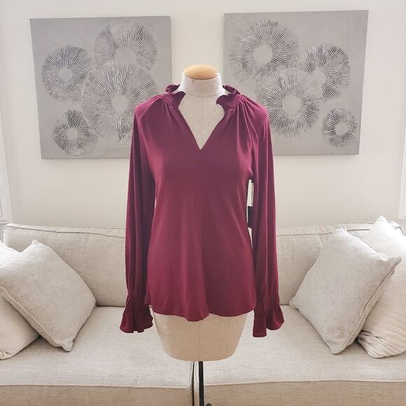 Vince Camuto Split Neck Balloon Sleeve Knit Top Sz Sm - Picture 2 of 10